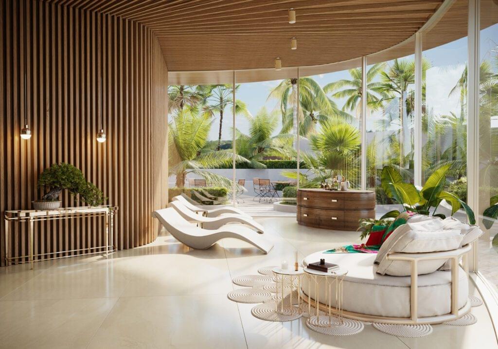 Luxurious relaxation lounge with modern seating and garden views at Aria Reserve Residences.